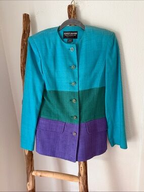 Herbert Grossman Vintage Turquoise Green Purple Colorblock Silk Jacket Blazer 4